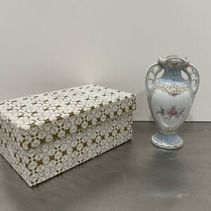 Vintage Royal Dux Bohemia Urn Vase Blue White Gold Pink Flower New Old Stock -